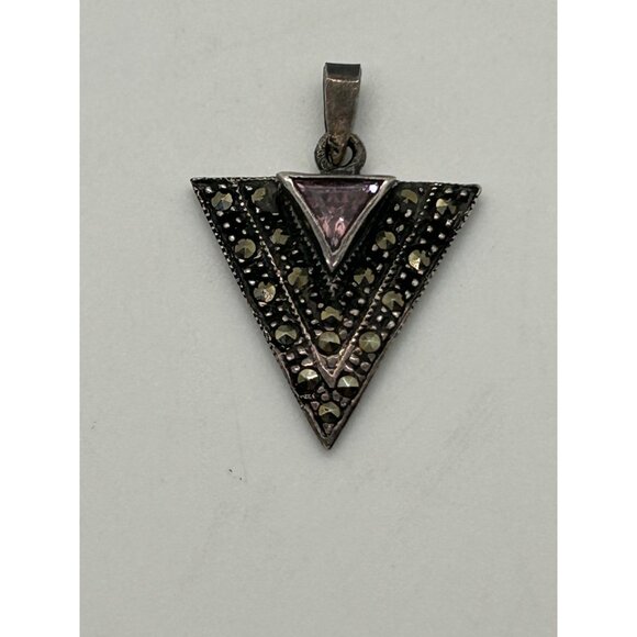Sterling Silver Arrow Pendant Triangle W/ Purple Glass Crystal & Marcasite  925 - Picture 5 of 9